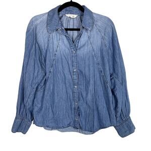 ba&sh Womens Large Blue Pearl Snap Western Denim Shirt Long Sleeve Cotton Linen